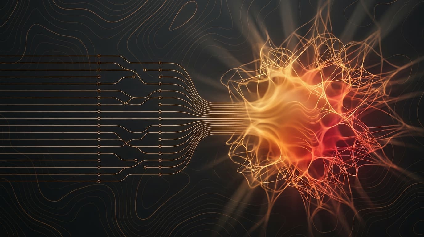 Structured process lines converging into a glowing amber-and-red core, evoking intelligence emerging from documented processes.