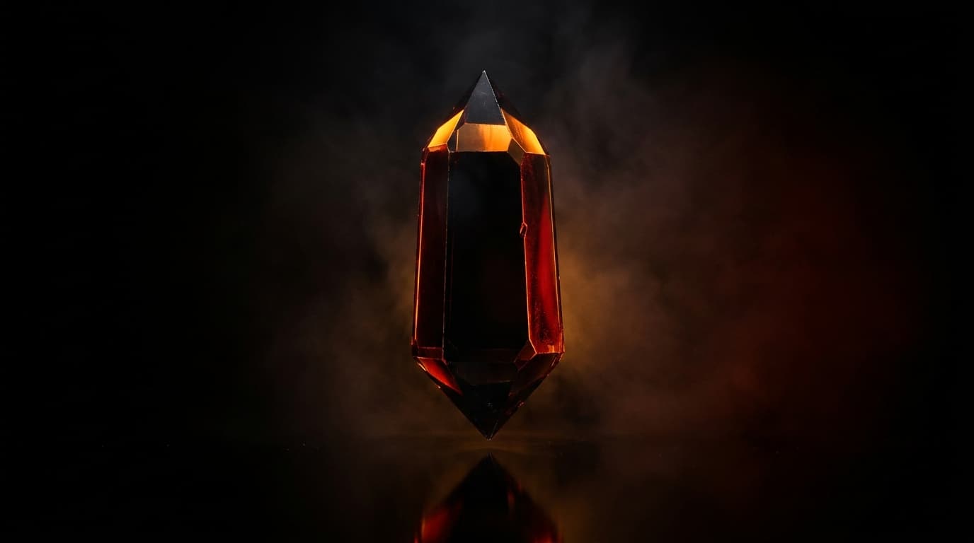 Dark faceted crystal suspended in mist, rim-lit in amber and deep red